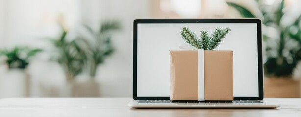 Creative gift presentation unveiling the charm of a wrapped package on a laptop amidst lush indoor plants
