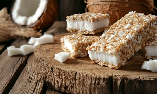 A close-up of coconut and sesame bars on a wooden surface, showcasing a delicious treat.