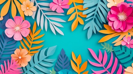 Tropical Paper Flowers and Leaves on Teal Background.