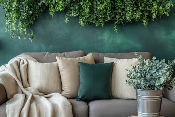 Stylish composition of living room interior. Modern sofa, design pillows, plants in metal pot and creative personal accessories. Eucalyptus green wall. Template. Copy, Generative AI