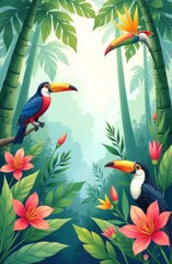Exotic birds against a tropical background with soft lines and delicate shades. T-shirt print, wallpaper, screensaver, background.