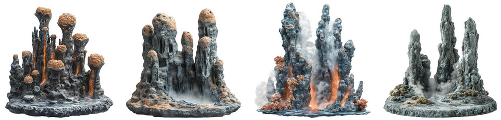 Fototapeta premium Lava rock formations with smoke and glowing elements dramatic scenery transparent background