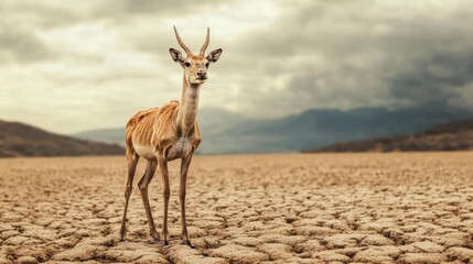 A lonely antelope stands on cracked earth beneath a dramatic sky, symbolizing the harshness of drought and wildlife resilience.