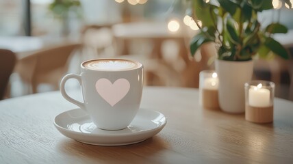 Obraz premium Cozy caf? ambiance featuring simple heart latte art in neutral tones, inviting warmth and comfort.