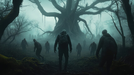 A group of zombies are walking through a forest