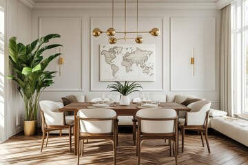 Stylish and eclectic dining room interior with mock up poster map, sharing table design chairs, gold pedant lamp and elegant sofa in second space. White walls, wooden parquet. Tropical leafs in