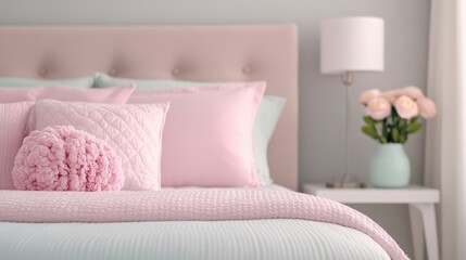 A cozy bedroom with soft pink decor, plush pillows, and a refreshing ambiance, perfect for relaxation and comfort.