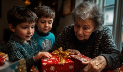Fototapeta premium Happy family moment with children and elderly woman exchanging gifts by the Christmas tree