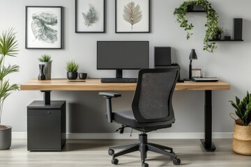 Elegant minimalist workspace with natural wood console and black chair, perfect for a calm and focused work environment. Mock up paitnings, Generative AI