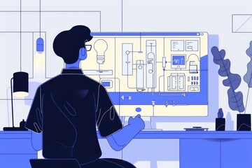 Illustration of Mechanic Using Computer in Workshop