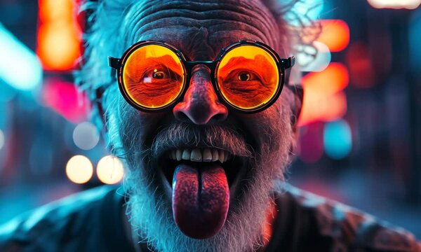 Close-up of eerie white-haired man in orange round glasses sticking out tongue