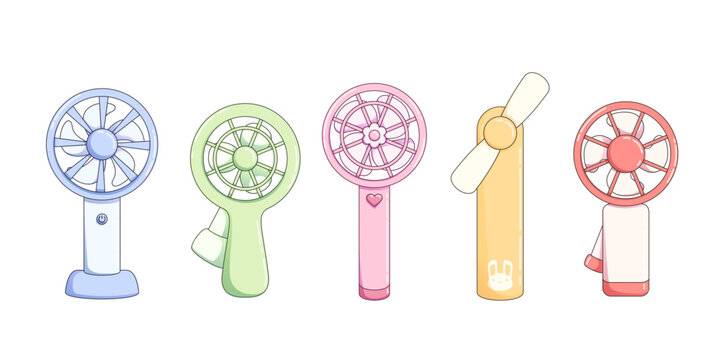 Cute portable electric fan. Cartoon vector illustration set of handheld and stand summer cooling device with propeller. Small air ventilation climate equipment. Handy electronic mini ventilator.