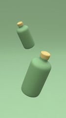 Tow plastic bottles flying in the air on the green background. Package design. 3d illustration.
