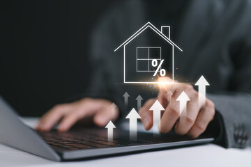 Real estate investment concept. Women touch virtual house icon for analyzing mortgage loan home and...