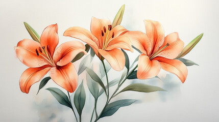 Fototapeta premium Delicate Watercolor Lilies on a White Background