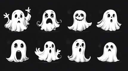 A fun collection of cartoon ghost characters showcasing various emotions against a black backdrop.