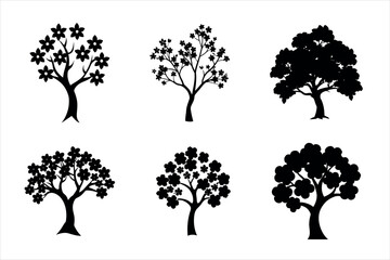 cherry blossom tree silhouette illustration - black wild apricots and sakura  on white