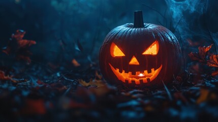 Illuminated Jack-O-Lantern Among Spooky Autumn Decorations in Dark Night Setting