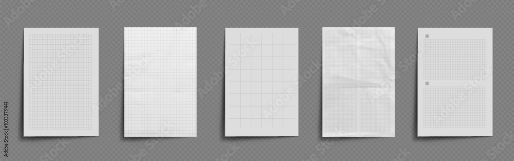 Poster notebook paper mockup with checkered pattern. realistic 3d set of white empty caged sheet with wrink