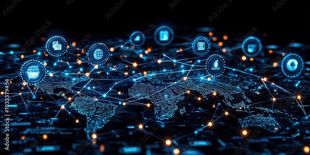 Poster global network connection digital world map with data and icons