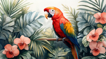 Obraz premium Colorful Macaw Parrot Among Tropical Plants, Palm Leaves, and Orchids in Lush Environment
