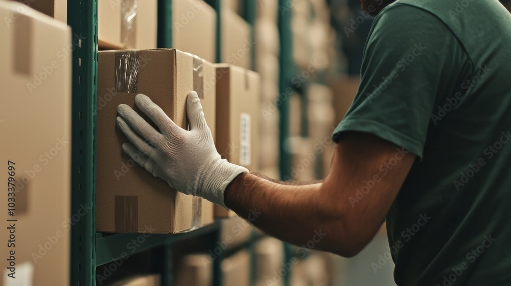 Poster warehouse worker handling package.