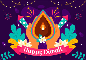 Diwali Festival of Lights Vector Illustration featuring Traditional Indian Rangoli Decoration, Festive Lamp and Fireworks in a Holiday Flat Background