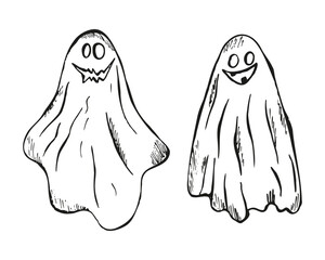 Halloween ghosts in hand drawn style on white background. Line art Sketch Cute Funny Ghost set for modern cards, posters, banners, social media, web, sales. Vector illustration elements.