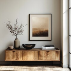 Minimalist composition of living room interior with mock up poster frame, wooden sideboard beige vase with rowan, black bowl, white wall, books and personal accessories. Home decor, Generative AI