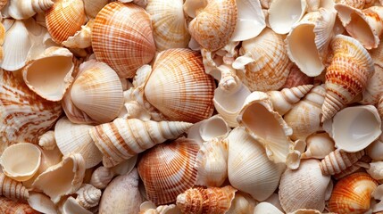 A closeup showcasing the detailed textures and vibrant colors of an assortment of seashells, emphasizing their intricate patterns and natural beauty.