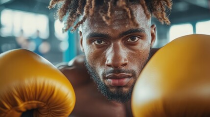 The image portrays a boxer focusing intently with gloves on, displaying strength and readiness, set within a dynamic gym environment to emphasize athleticism.