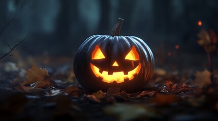 Creepy night scene with jack-o'-lanterns glowing in firelight