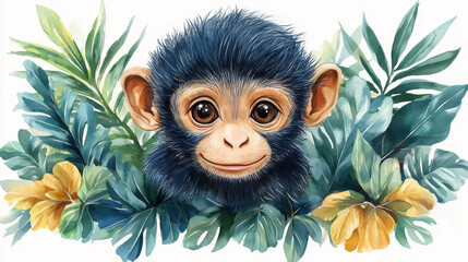 Obraz premium Tropical Monkey and Leaves Watercolor Illustration on White Background