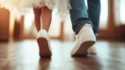 A child and adult walk together in matching white sneakers on a glossy wooden floor, capturing a moment of connection and shared movement indoors.