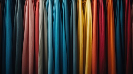 A variety of fabric swatches in an assortment of hues hanging neatly, showcasing the diverse palette of textile options available for creative designs.