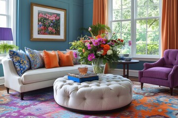 Stylish living room with a round ottoman, fresh floral arrangements, and colorful decor, creating a lively yet cozy atmosphere. Home decor and mock up, Generative AI