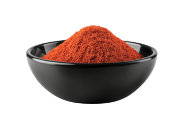 High-Quality PNG of Ground red pepper in black bowl isolated on white. Front view.– High Resolution