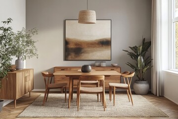 Stylish scandinavian living room interior of modern apartment with wooden commode, design armchair, carpet, leaf in vase, table lamp and personal accessories in unique home decor, Generative AI