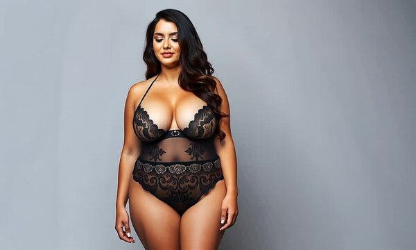 Model showcases elegant black lingerie in a stylish studio setting highlighting curves and confidence