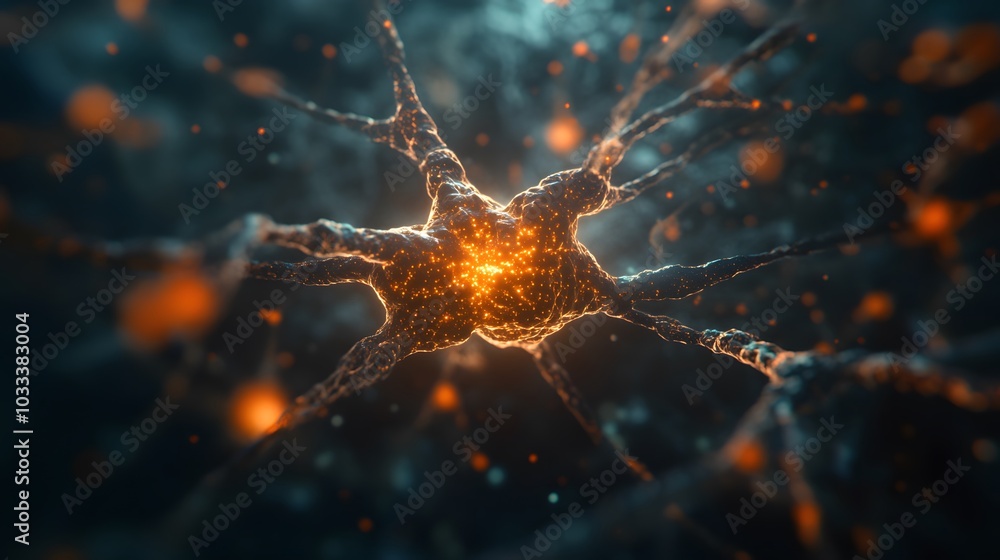 Poster a close-up of a glowing neuron with detailed branching axons