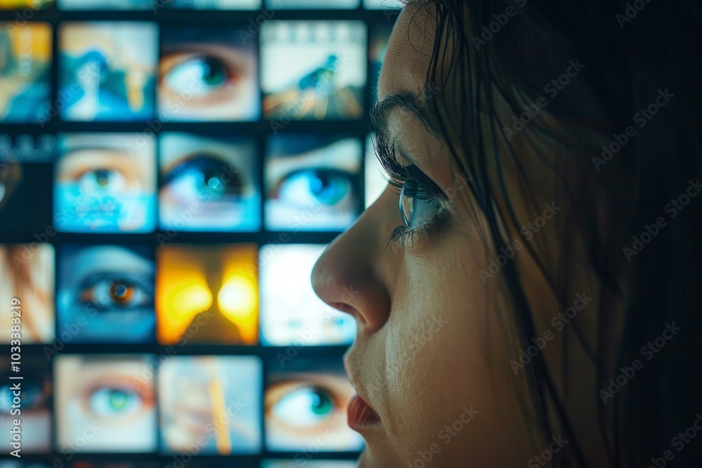 Poster security operator monitoring a wall of screens showing closeups of eyes at a security firm