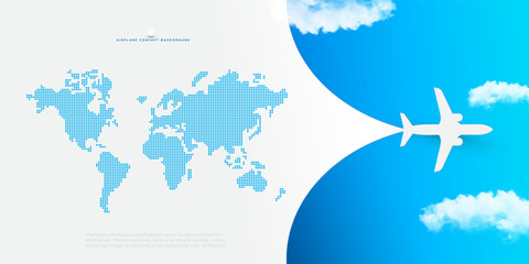 Plane flying on blue sky travel concept, airplane on background. Template passenger journey plane banner, placat, jet commercial aircraft. Vector illustration poster design. [Recovered]