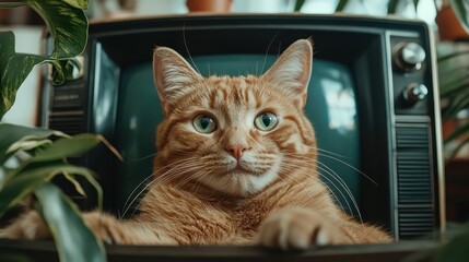 A ginger cat comfortably nestled within a retro television, surrounded by houseplants, evokes a...