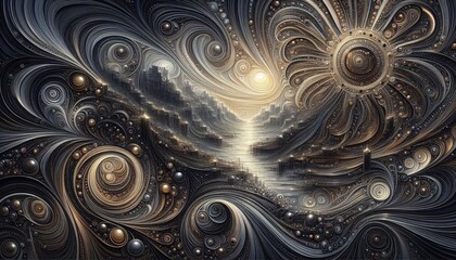 Ornate abstract cityscape with swirling patterns and celestial elements in gold and silver, blending elegance and fantasy