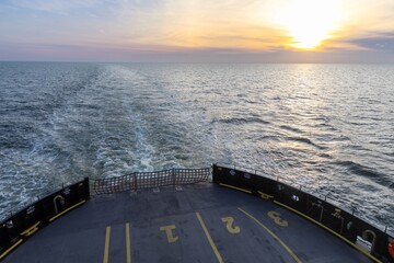The Cedar Island Car Ferry sailing through the Pamlico Sound, Cedar Island, North Carolina, United States.