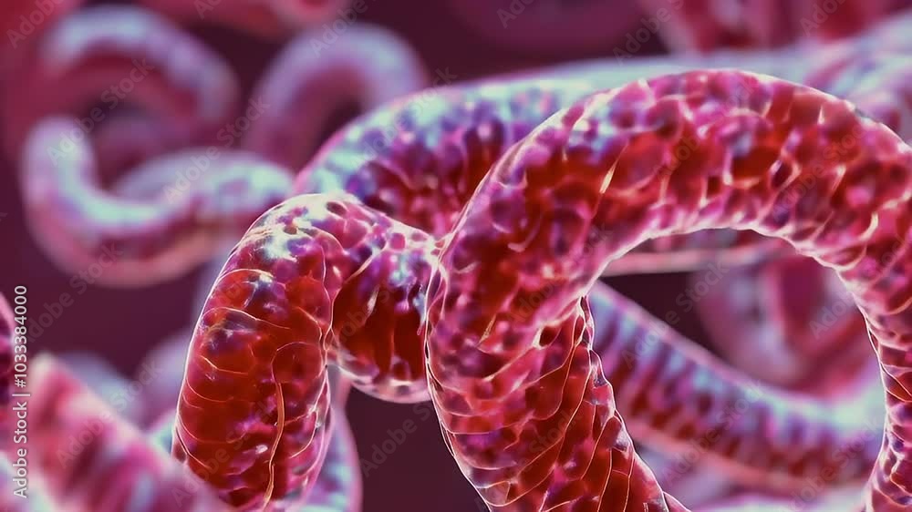 Poster vibrant red helminths: abstract view of intricate worm structures in motion