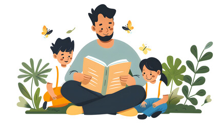 A man is reading a book to two children vector design
