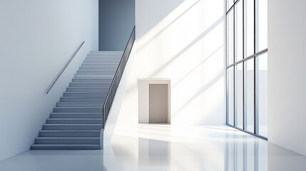Obraz premium A clean, white, modern interior of an office building with a staircase, door, and window