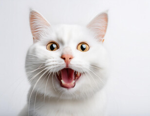 Retrato de un gato blanco sentado mirando de frente y maullando