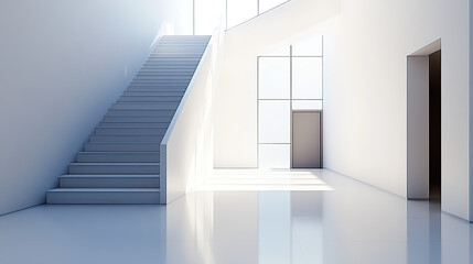 Fototapeta premium A clean, white, modern interior of an office building with a staircase, door, and window